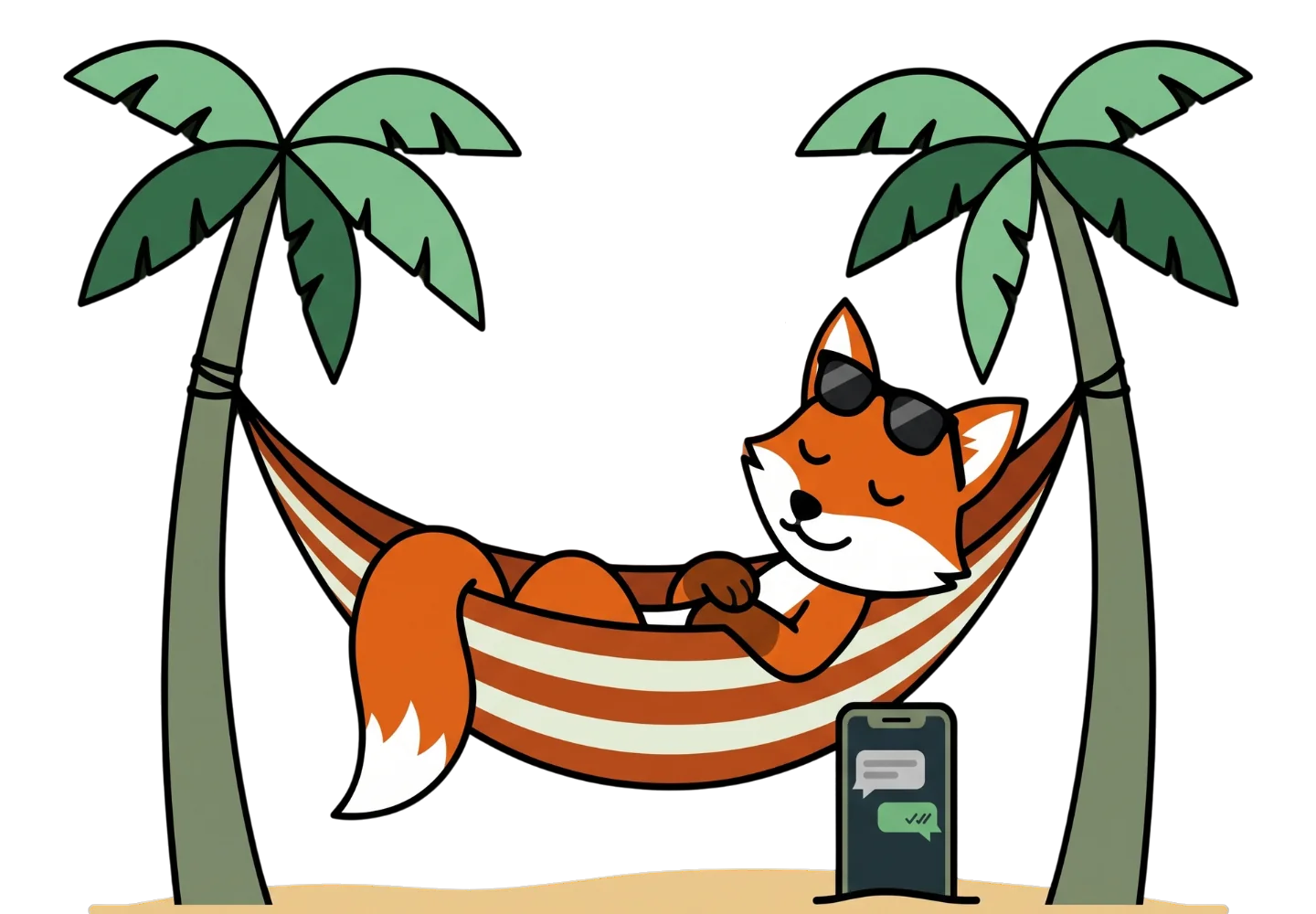 El zorro de NEXUNE duerme en una hamaca entre palmeras, con gafas de sol, mientras su móvil responde solo los mensajes.